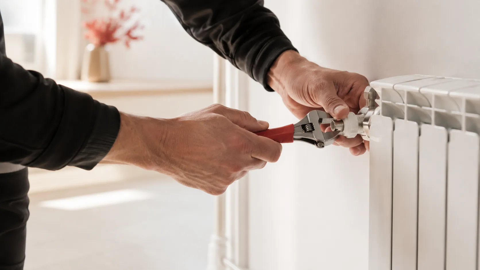 Handwerker repariert ein Heizungsventil mit einem Schraubenschlüssel
